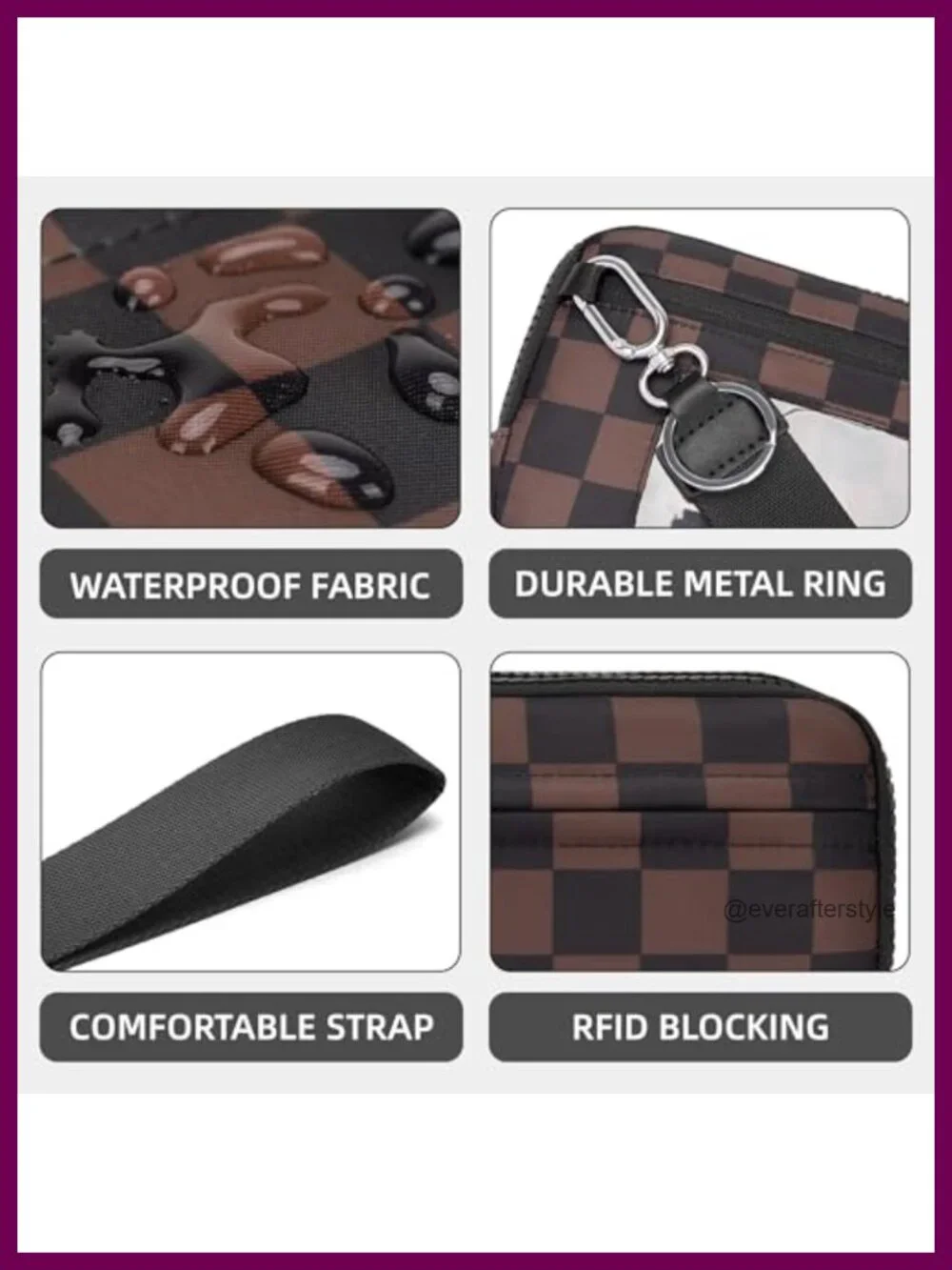 RFID Wristlet Wallet Crossbody Bag Women Checkered Quilted Nylon with Coin Purse